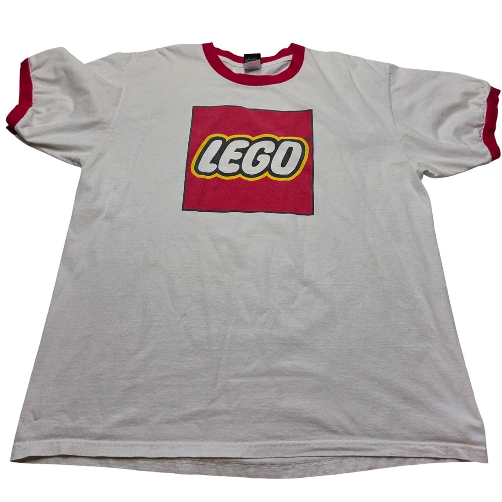 LEGO Ringer T-Shirt Mens XL White Red Box Logo Short Sleeve Cotton Tee